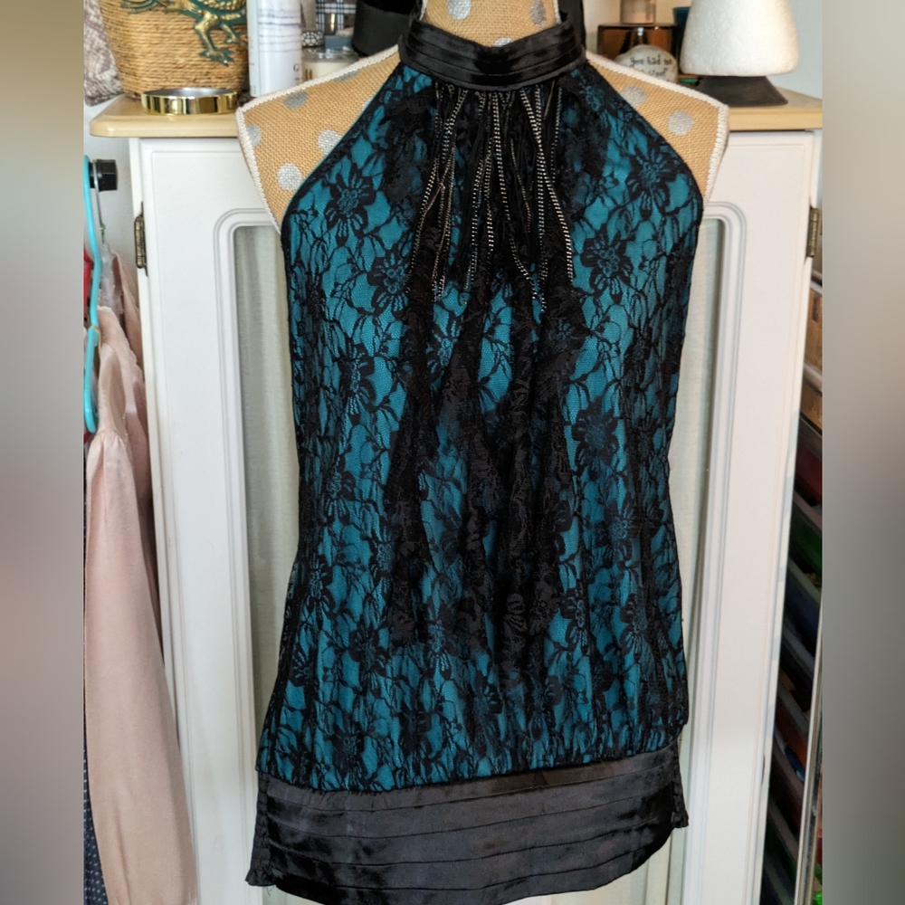 TURQUOISE BLACK LACE METAL DESIGN HALTER BLOUSE BLACK LACE DESIGN